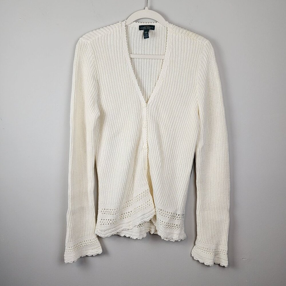 Lauren Ralph Lauren Cream Open-Knit V-Neck Cardigan